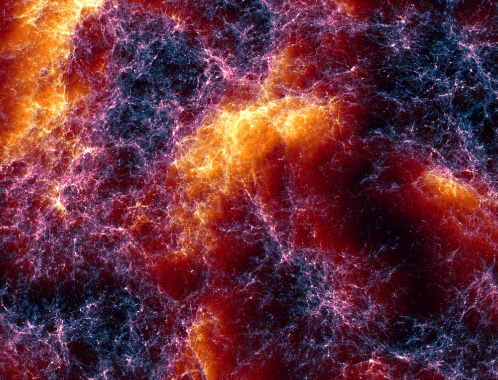 This stunning image comes from Lumina. It shows part of the cosmic web about 650 million light years across. The fine filaments represent dark matter, and the warm orange and yellow tones highlight where gas is moving the fastest between galaxy clusters. Lumina is the most detailed cosmological simulation ever created, even bigger than Illustris TNG 300. Image Credit: Oliver Zier, Center for Astrophysics
