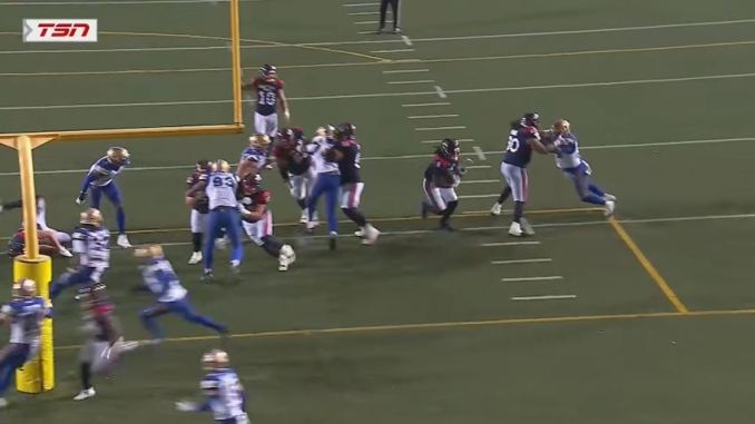 MTL RB Stevie Scott III 14 carries for 83 yards, one rushing touchdown, and one catch for 16 yards vs WPG SAT Montreal Alouettes running back Stevie Scott III rushed for 83 yards and a touchdown against the Winnipeg Blue Bombers on Saturday night. (Credit: Screengrab/ TSN YouTube)