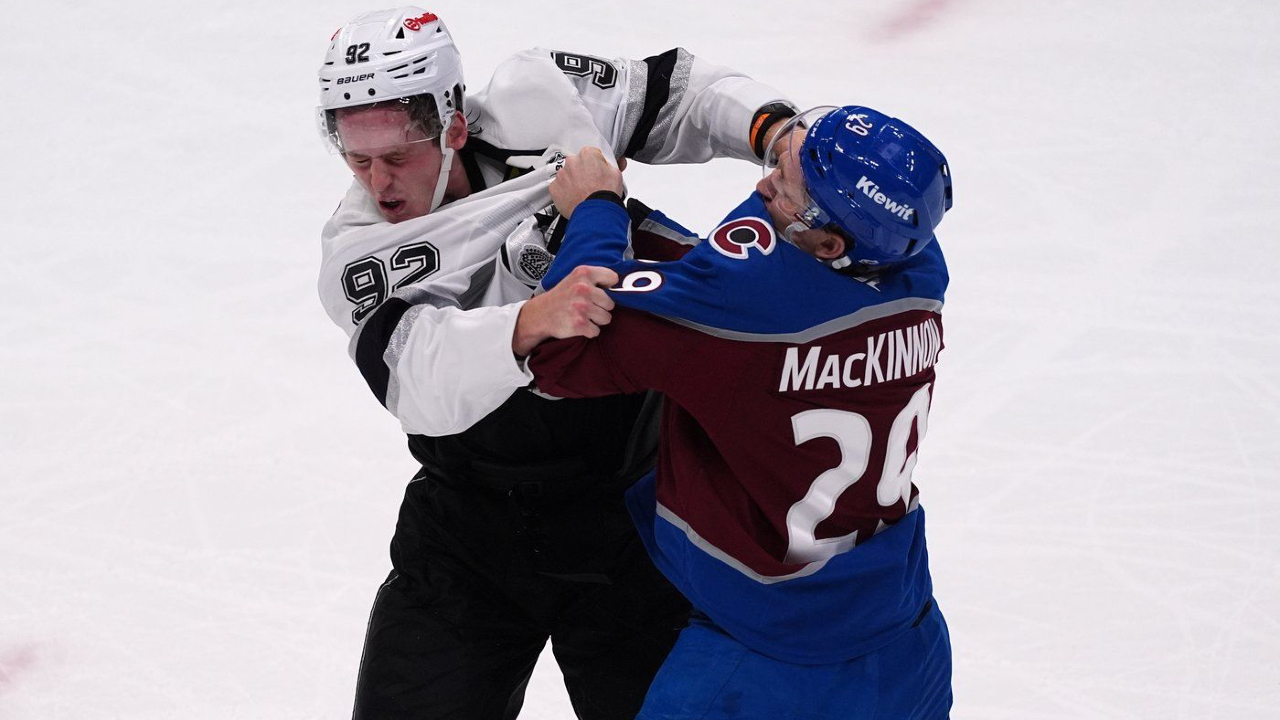 MacKinnon has two goals, rare fight in Avalanche's victory over Kings in opener