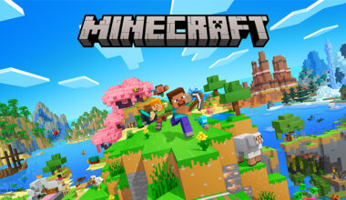 Minecraft artwork showing two characters running across a grassy landscape with a sheep, cherry blossom trees, water, and distant rocky terrain.