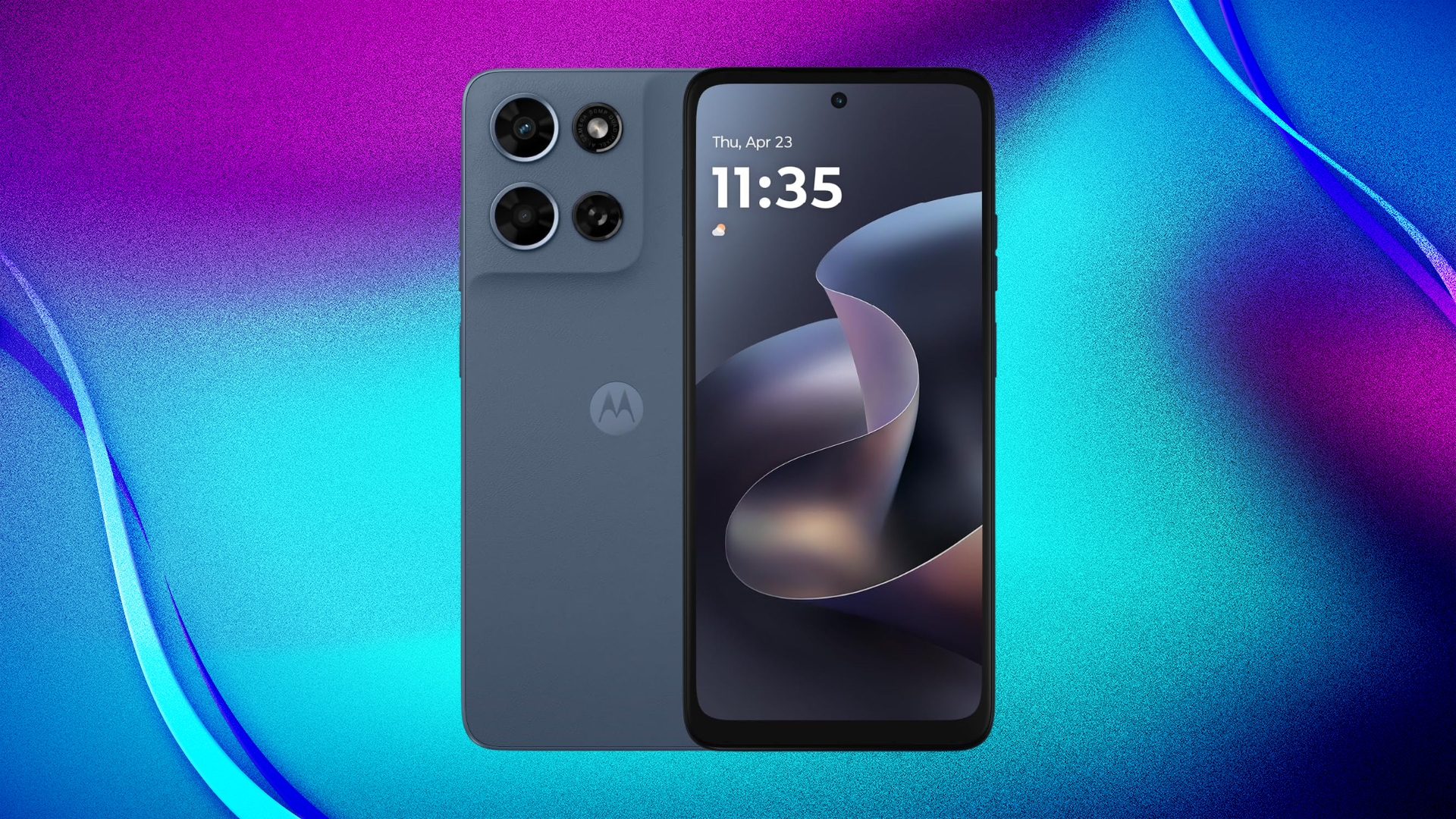 Moto G 2026 product render on a multicolored background