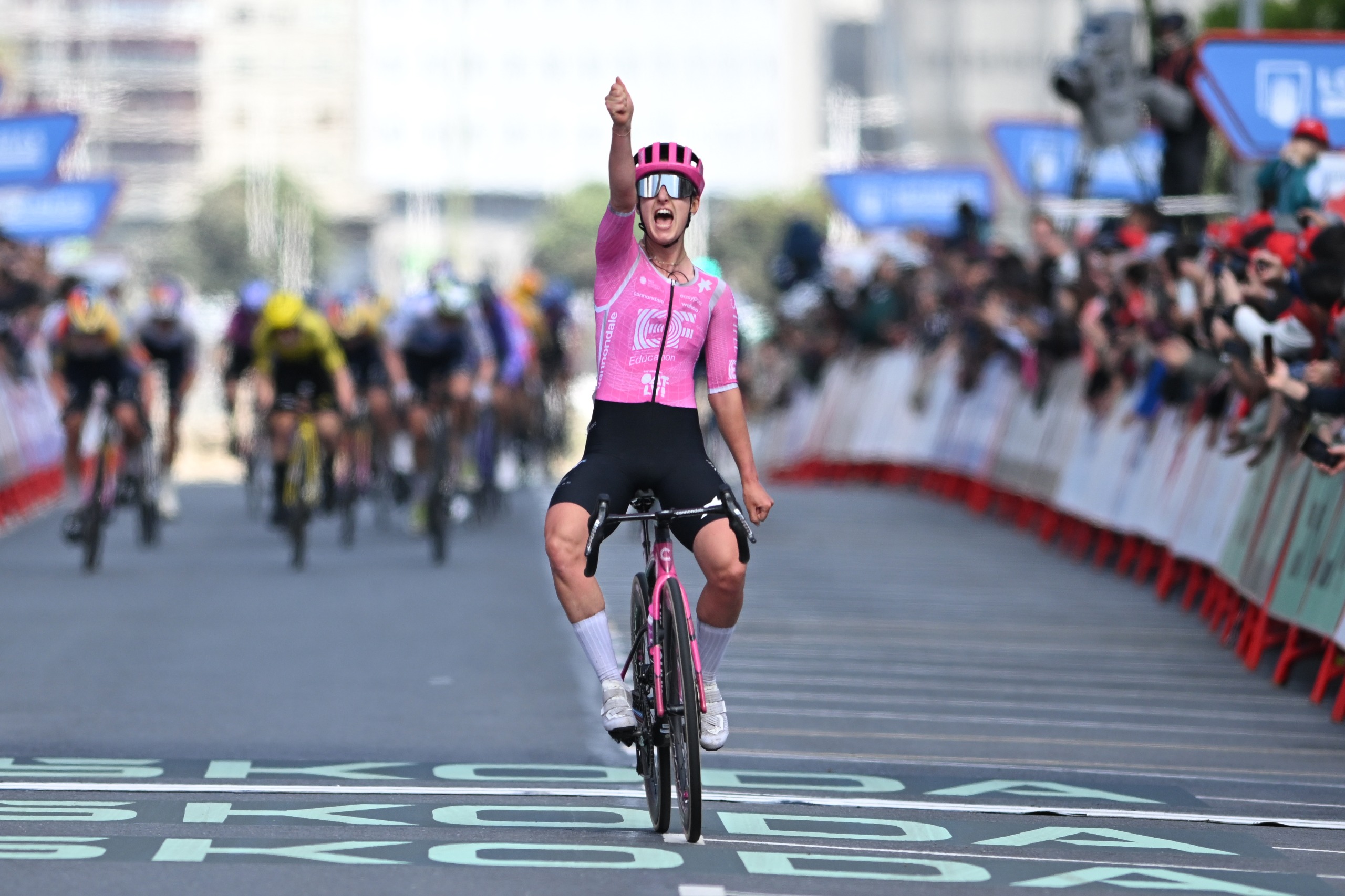 Cedrine Kerbaol of EF Education-Oatly celebrates at finish line as stage 3 winner during La Vuelta Femenina 2026