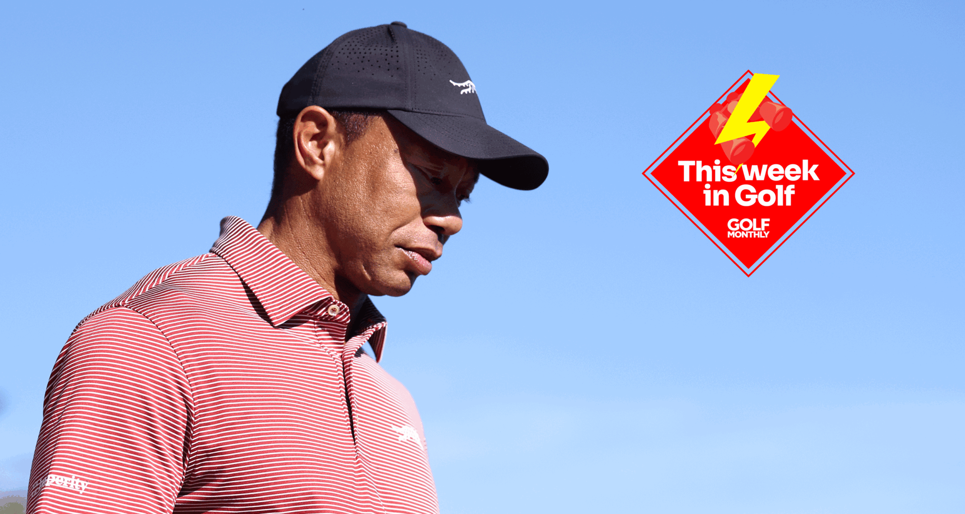 Main image of Tiger Woods looking down from a side profile with the This Week In Golf sticker in the top right