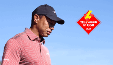 Main image of Tiger Woods looking down from a side profile with the This Week In Golf sticker in the top right