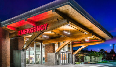 Nanaimo Regional General Hospital&rsquo;s Emergency department entrance, at night.