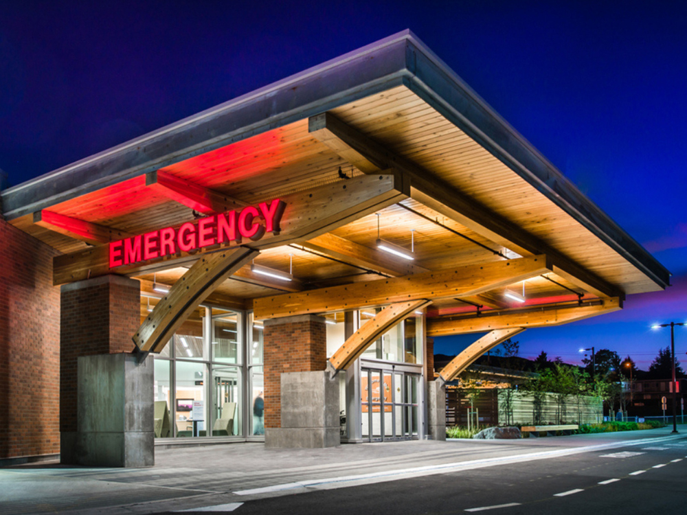 Nanaimo Regional General Hospital&rsquo;s Emergency department entrance, at night.