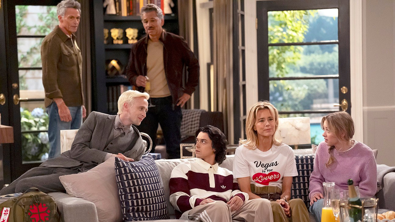 Newlyweds (l-r) Tim Daly as James, Bill O'Neill as Arvid, Al Madrigal as Dan, Ignacio Diaz-Silverio as Lolo, Tea Leoni as Jeanie, Emma Meisel as Poppy
