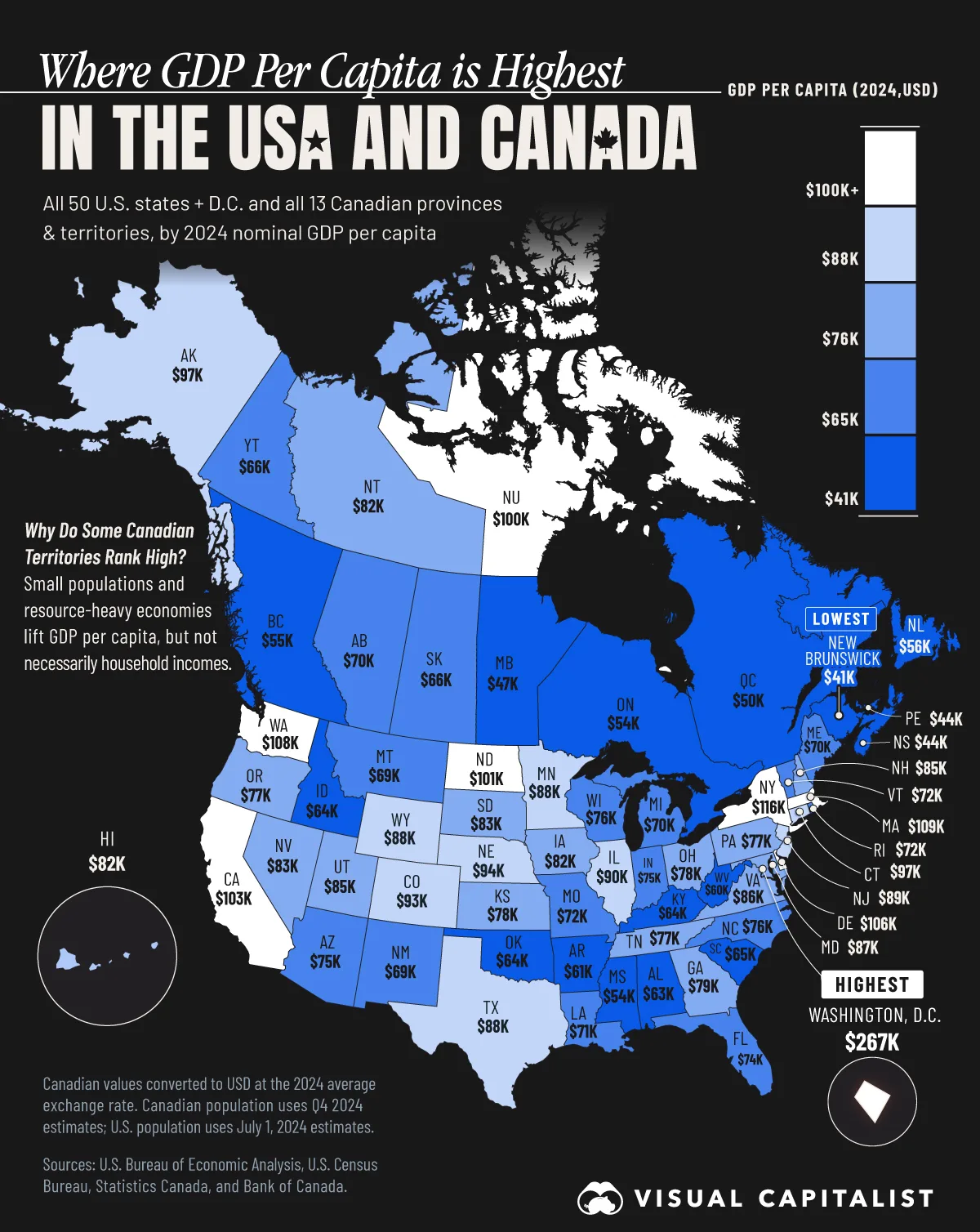 See which U.S. states and Canadian provinces have the highest GDP per capita, led by Washington, D.C., New York, and Massachusetts.