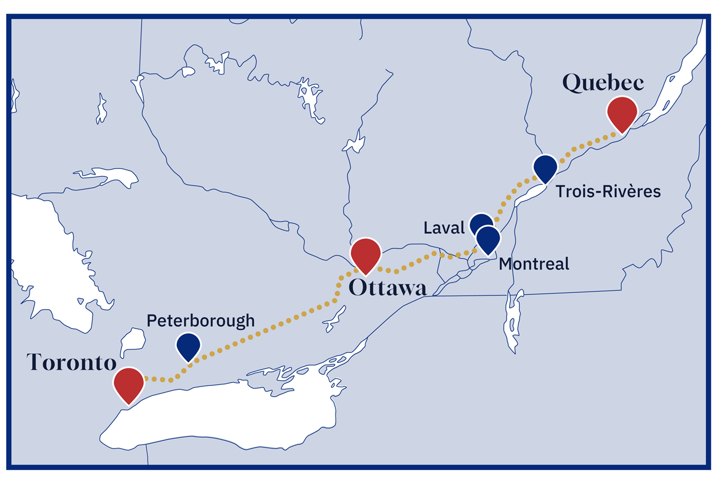 Proposed high-speed rail corridor connecting Toronto, Ottawa, Montreal, Quebec City, and regional centers across Ontario and Quebec.