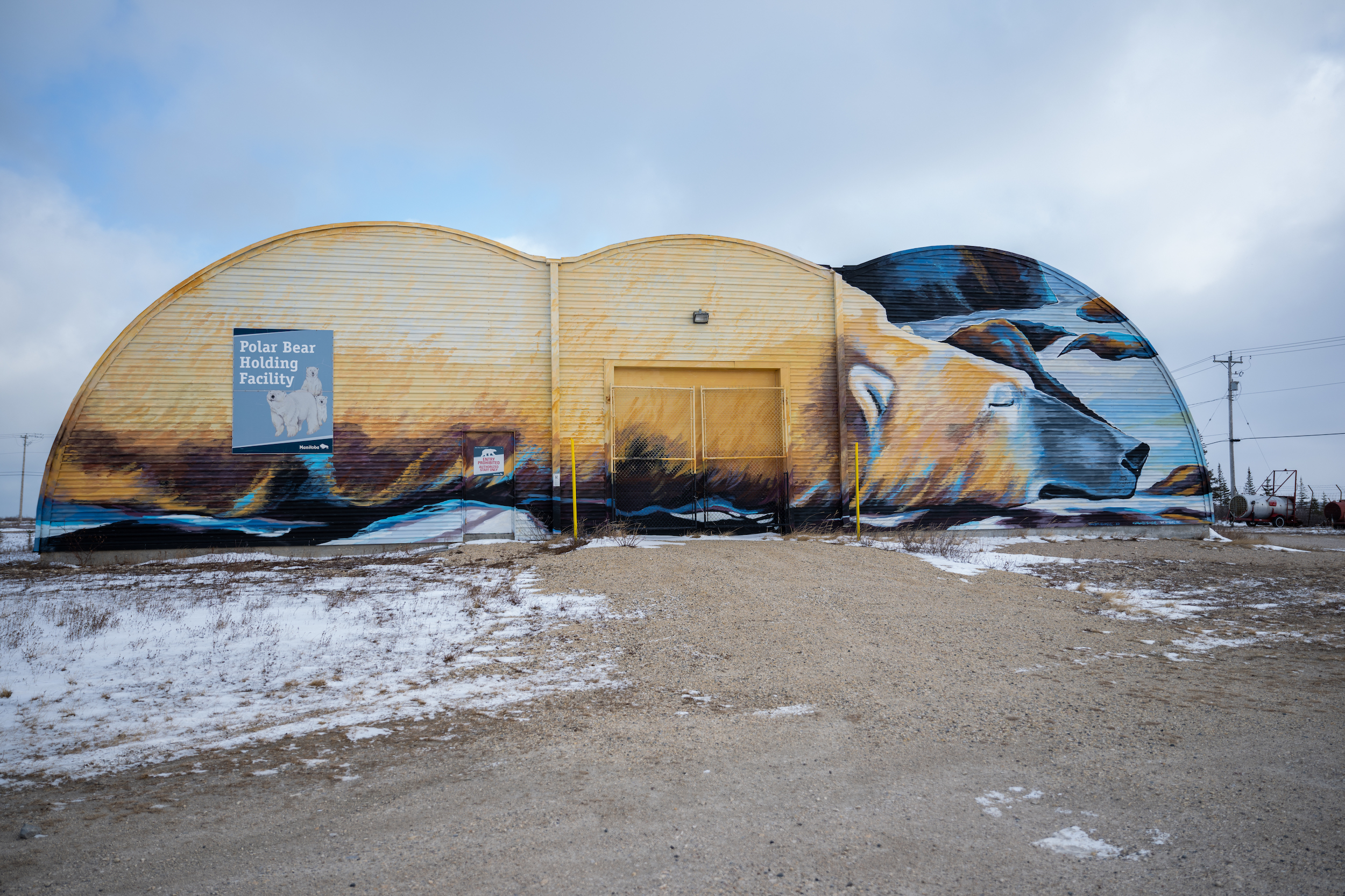 A sign reading "polar bear holding facility" on on oddly shaped building painted to look like a sleeping polar bear