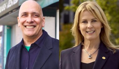 On the left, a photo of a bald man in his 50s smiling at the camera. On the right, a photo of a middle-aged woman with blond hair and bangs.