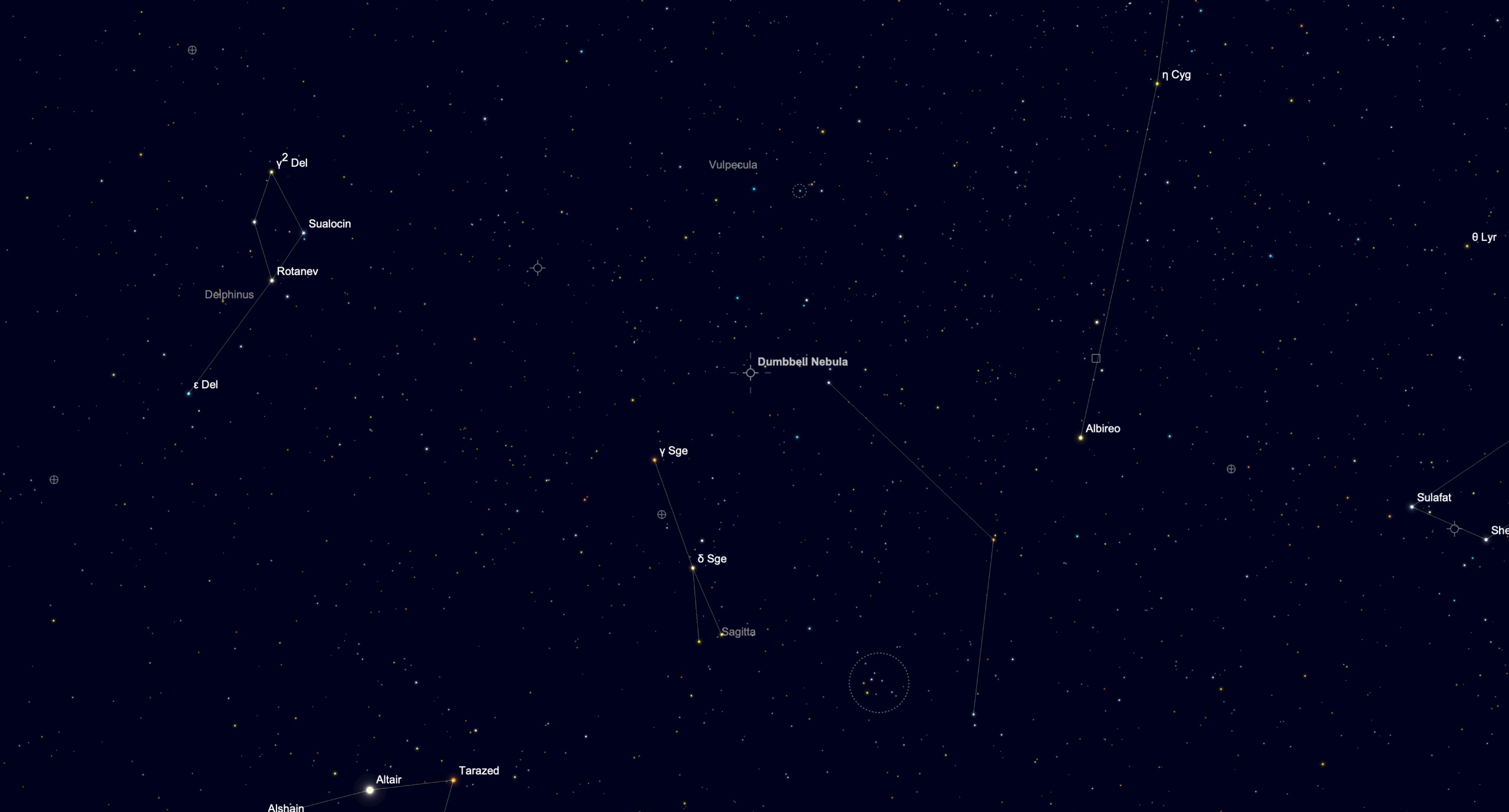 Star chart showing the location of the Dumbbell Nebula in Vulpecula, between the constellations Delphinus, Sagitta and Lyra.