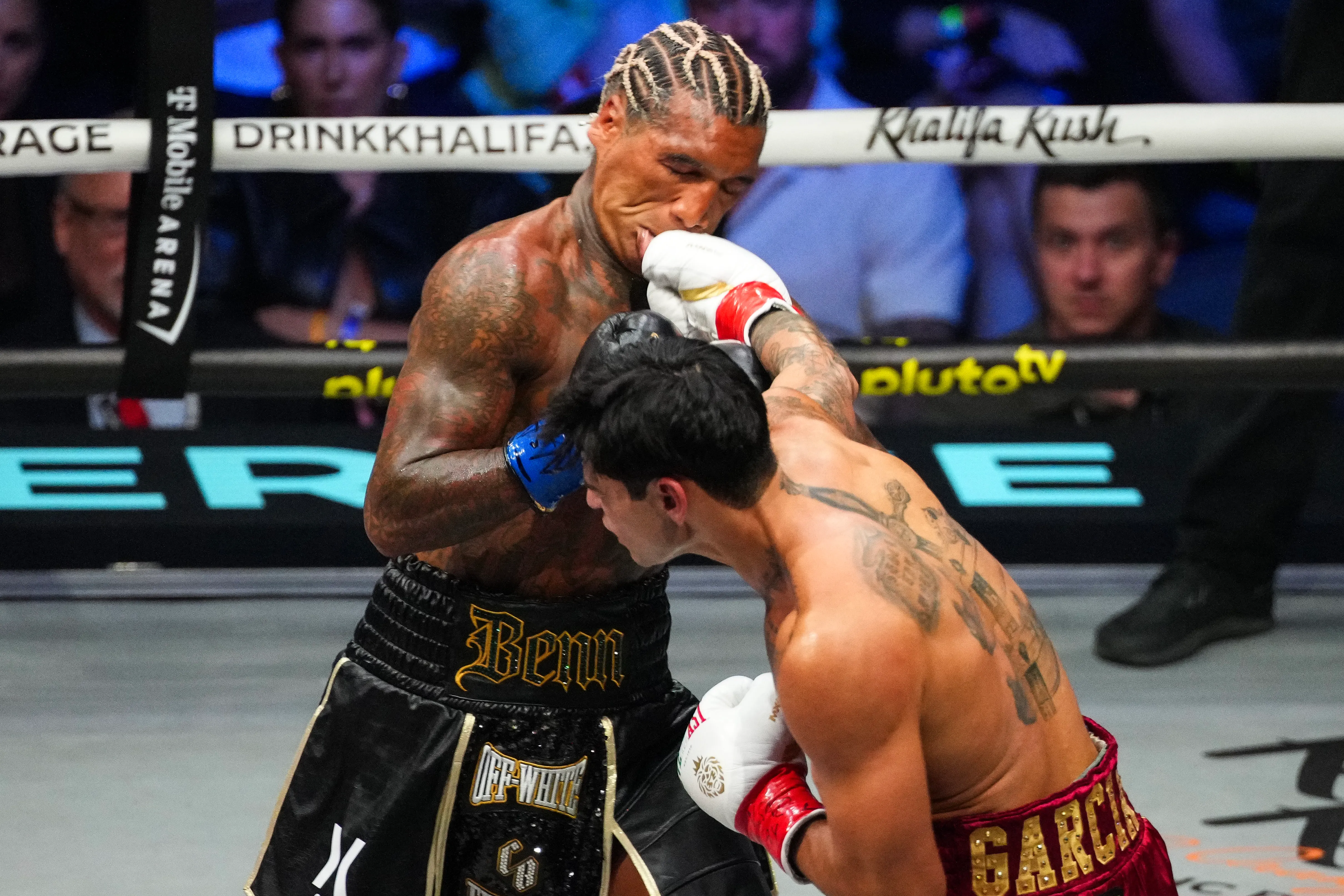 The face of Conor Benn is distorted from the right hand of Ryan Garcia in Las Vegas on September 12, 2026
