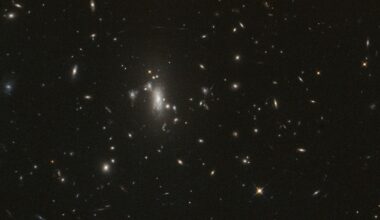 An image from NASA's Hubble Space Telescope of the galaxy cluster MACS J0417, part of repeated observations to monitor for the reappearance of supernova Athena. Credit: NASA/ESA/STScI/UCLA