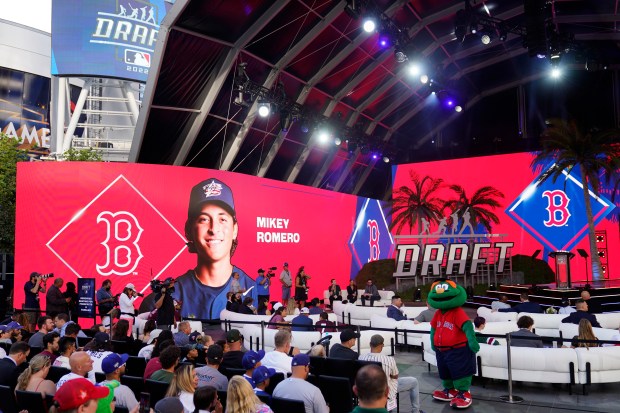 Mikey Romero is selected by the Boston Red Sox with the 24th pick of the 2022 MLB baseball draft on July 17, 2022, in Los Angeles. (AP Photo/Jae C. Hong)