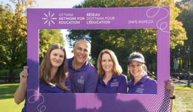 Maille Baker (at her first day on the job), Mitch Miller, Tracy Botting and Sarah McPhee of the Ottawa Network for Education (ONFE), attending for their fourth year at the Mann Lawyers/Escape Manor Fall Classic, Loch March Golf Club, Sept. 24, 2026. Photos by Tia MacPherson/Abdulla/OBJ.