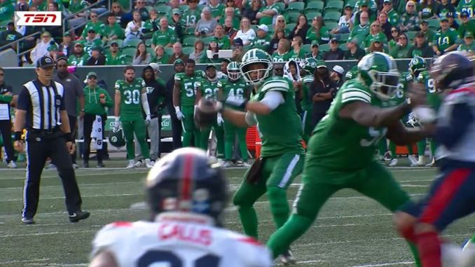 Trevor Harris 26 of 38 passes (68.4%) for 251 yards, one touchdown, one interception, and three carries for 36 yards vs MTL SAT CFL YouTube Saskatchewan Roughriders quarterback Trevor Harris threw for 251 yards and one touchdown against the Montreal Alouettes on Saturday. (Credit: Screengrab/ CFL YouTube)
