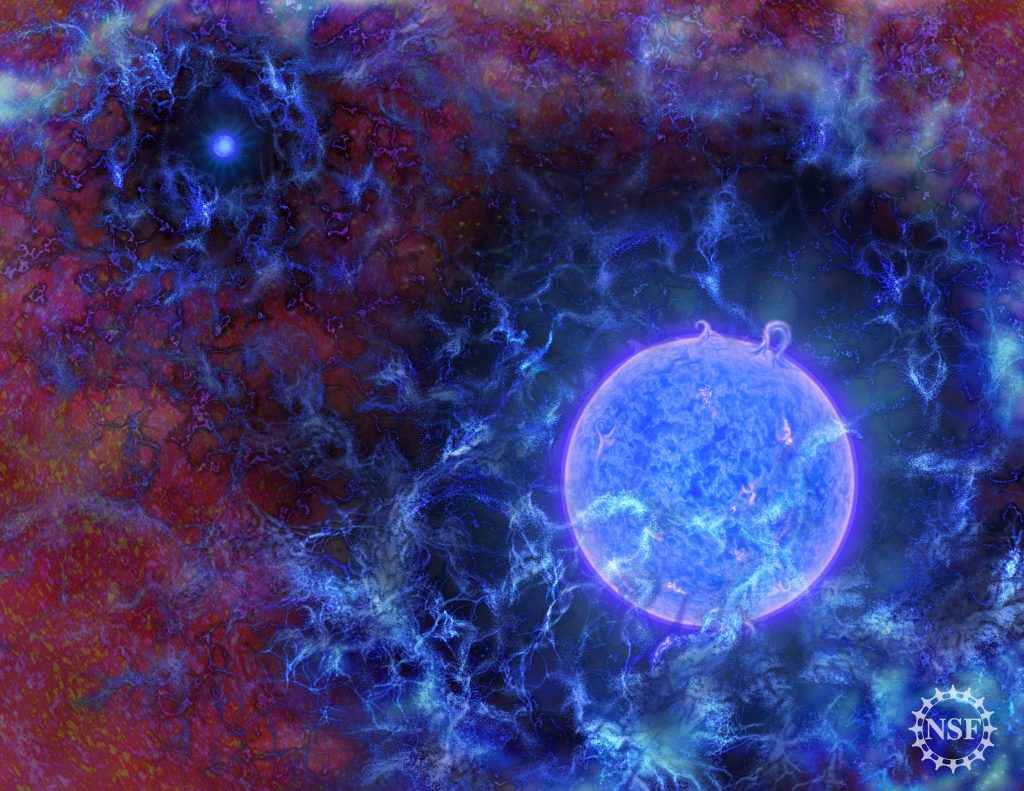 Two glowing blue spheres surrounded by nebulous blue smoke