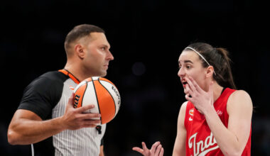 Indiana Fever guard Caitlin Clark (22) shows her mouth bleeding to an official Thursday, Oct. 1, 2026, during the second half of