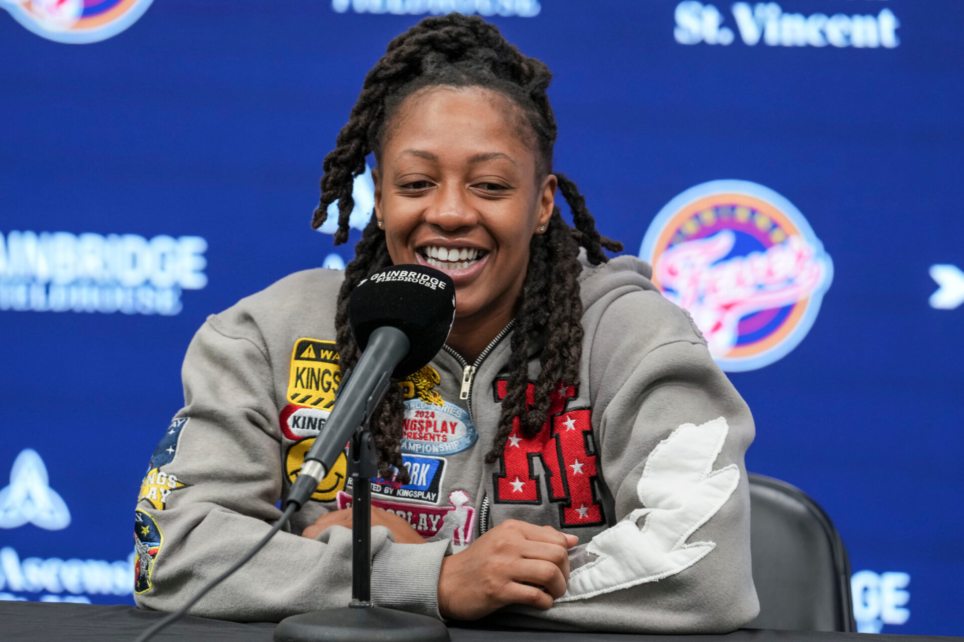 Indiana Fever guard Kelsey Mitchell (0) smiles Saturday, Oct. 3, 2026, during exit interviews at Gainbridge Fieldhouse in