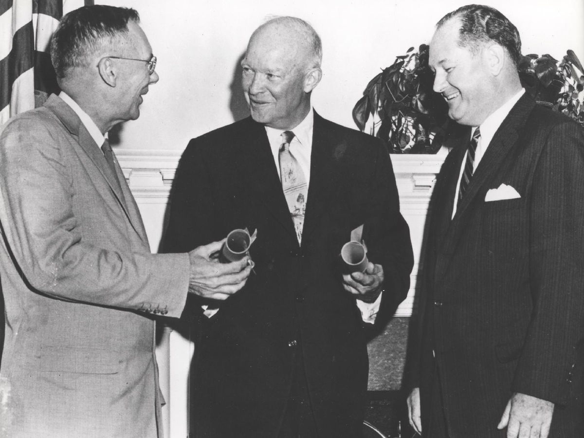 President Eisenhower commissioned Dr. T. Keith Glennan, right, as the first administrator for NASA and Dr. Hugh L. Dryden as deputy administrator. The National Aeronautics and Space Act (Pub.L. 85-568), the United States federal statute that created NASA, was signed into law 50 years ago today on July 29, 1958.
