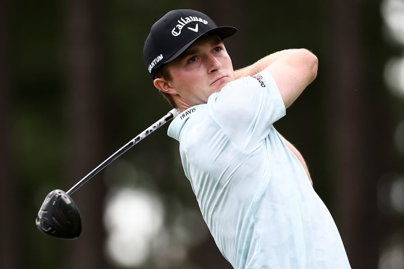 GLEN ALLEN, VIRGINIA - OCTOBER 10: Blades Brown of the United States hits a tee shot on the fourth hole during the third round of the Korn Ferry Tour Championship presented by Virginia's Richmond Region at The Federal Club on October 10, 2026 in Glen Allen, Virginia. (Photo by Mike Mulholland/Getty Images)