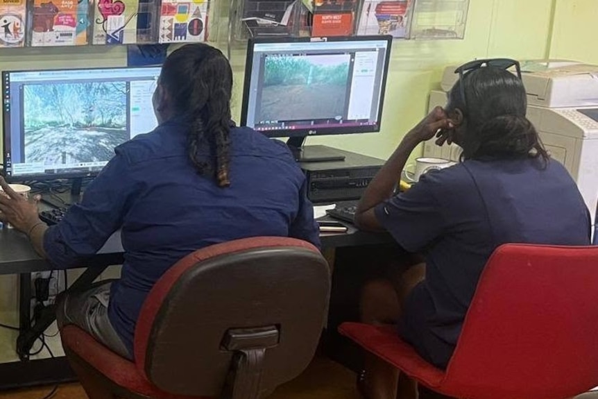 Two dark-haired women sitting side by side in an office, looking at computer screens.