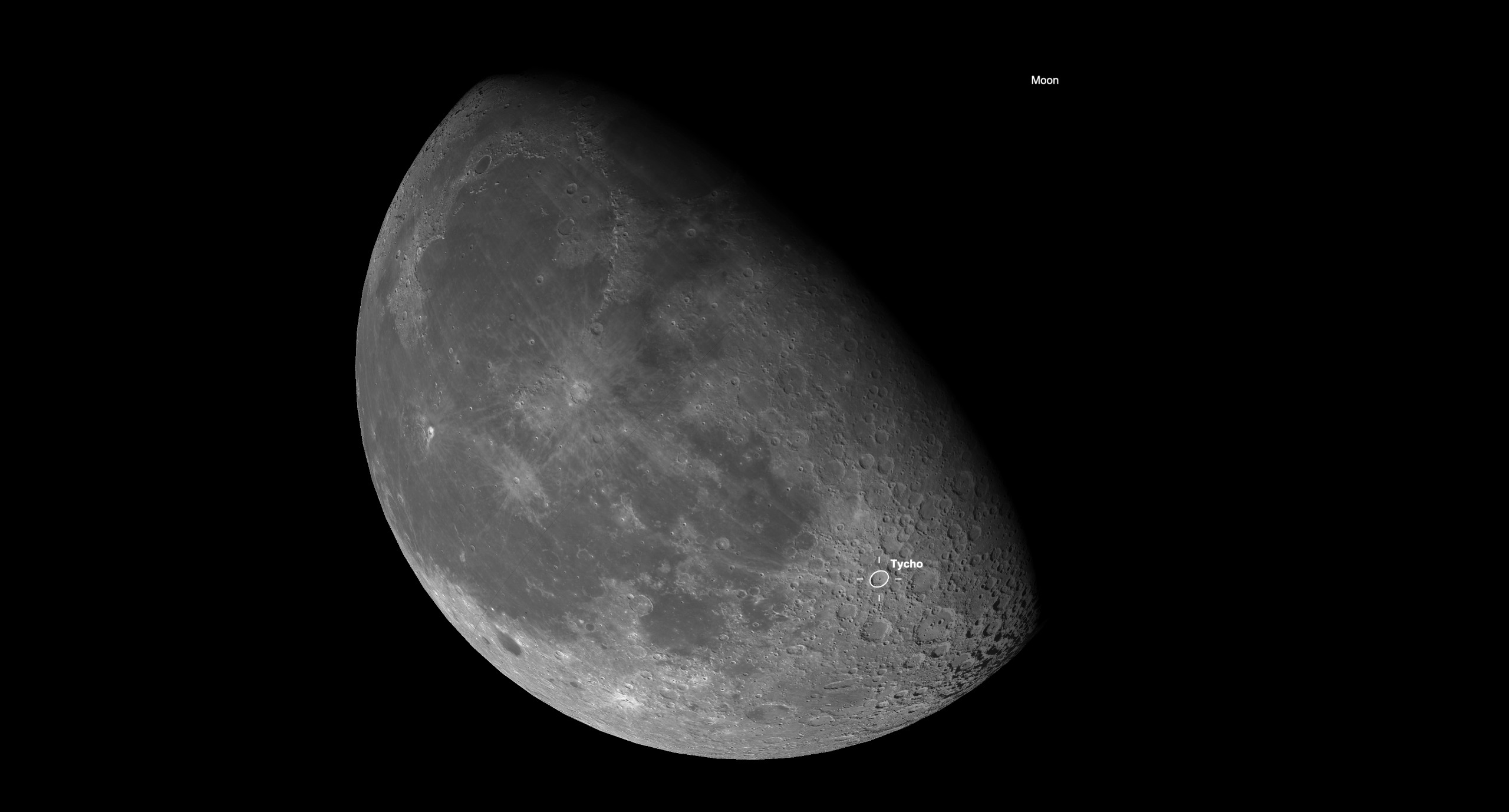 Starry Night illustration of the waning gibbous moon on Oct. 1, with the Tycho crater and its bright ray system labeled.