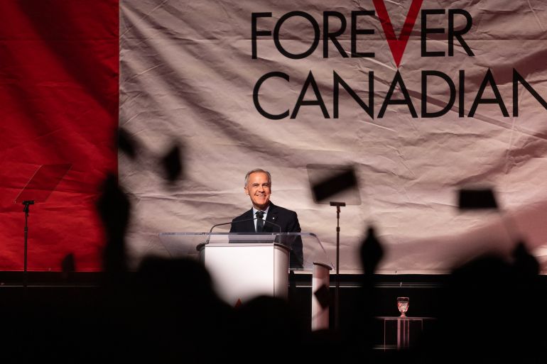 Canadian Prime Minister Mark Carney speaks at a rally hosted by Forever Canadian on Canadian Unity at the Edmonton Expo Center in Edmonton, Alberta, Canada on October 16, 2026.