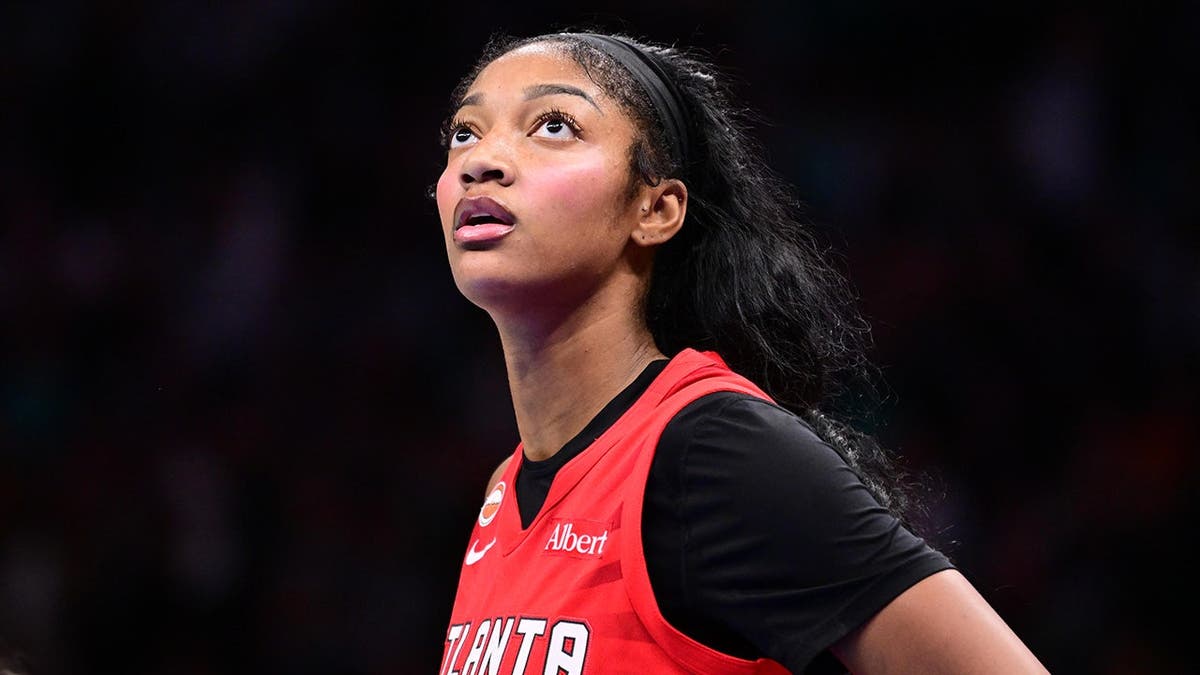 Angel Reese #5 of the Atlanta Dream looks on during a WNBA semifinal game at Barclays Center Arena in Brooklyn, New York.