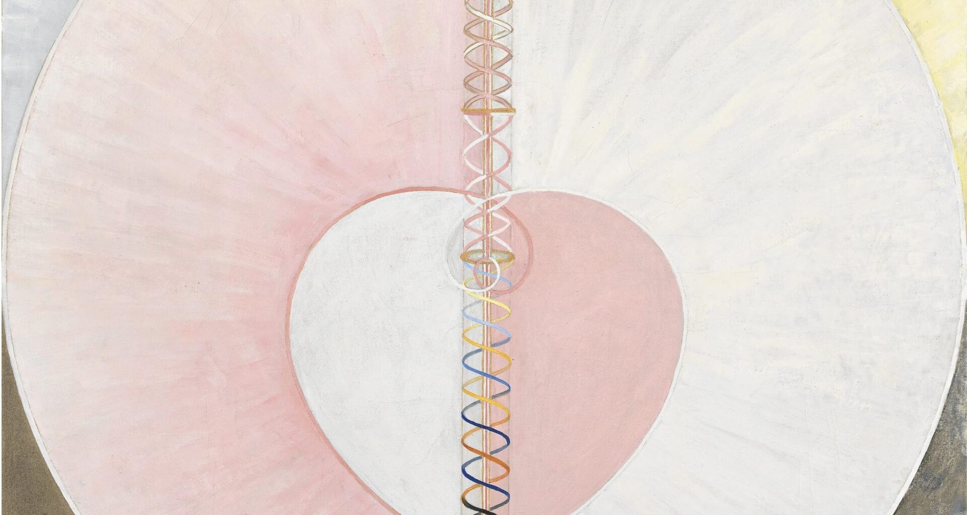 an abstract painting by Hilma af Klint of a glowing orb with a heart shape in the center and a prismatic array of color at the bottom