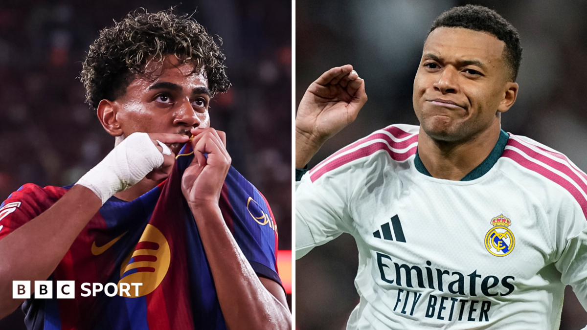 Split graphic: Barcelona's Lamine Yamal and Real Madrid's Kylian Mbappe
