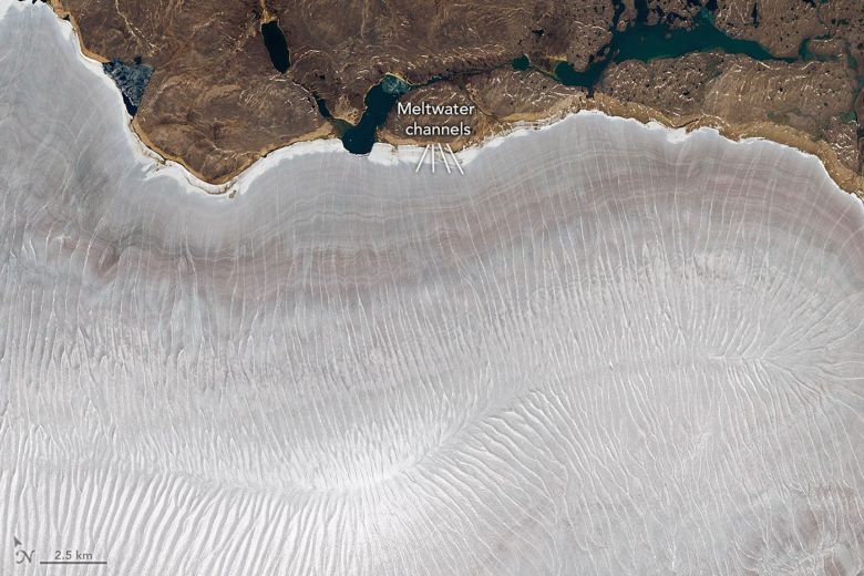 Meltwater channels on Barnes Ice Cap's northeast side on July 12, 2026.