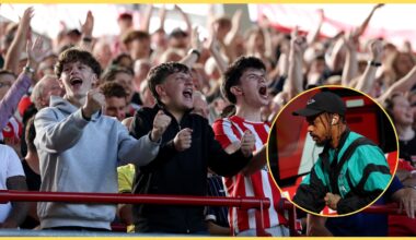 Brentford fans celebrate a goal for their team, with Bradley Barcola inset