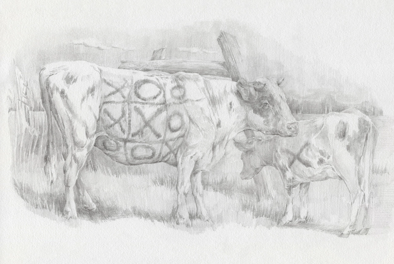 Pencil sketch of a cow and calf with a tic-tac-toe grid drawn on the cow's side