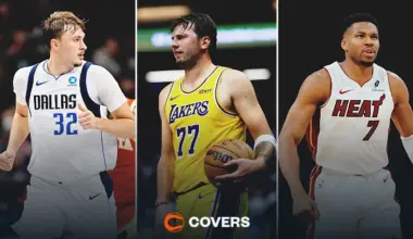 NBA moneyline picks. Custom image of Cooper Flagg, Luka Doncic, and Giannis Antetokounmpo.