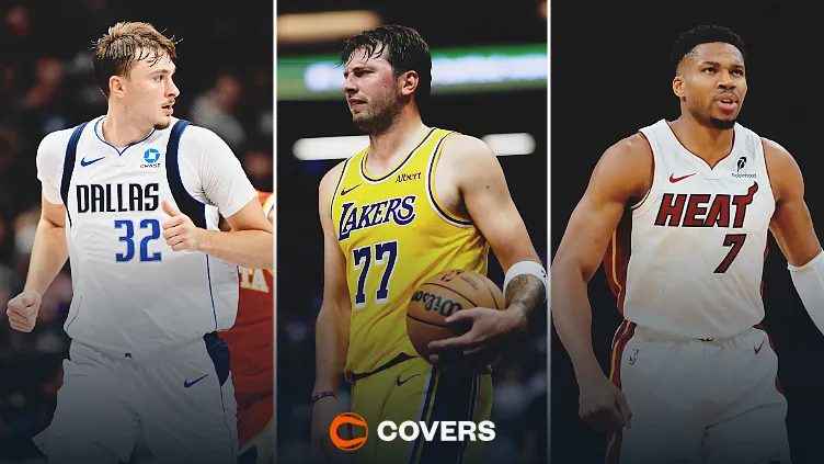 NBA moneyline picks. Custom image of Cooper Flagg, Luka Doncic, and Giannis Antetokounmpo.