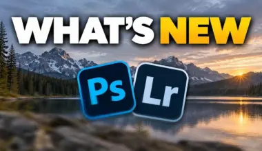Graphic displaying Photoshop and Lightroom logos with 'WHAT'S NEW' text over landscape background