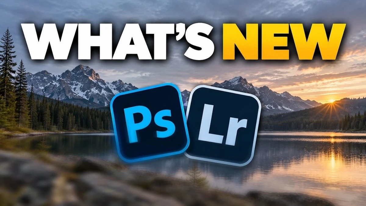 Graphic displaying Photoshop and Lightroom logos with 'WHAT'S NEW' text over landscape background