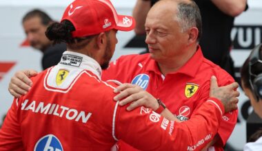 Lewis Hamilton and Fred Vasseur embrace