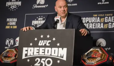 Dana White speaks during a press conference with fight winners following UFC Freedom 250
