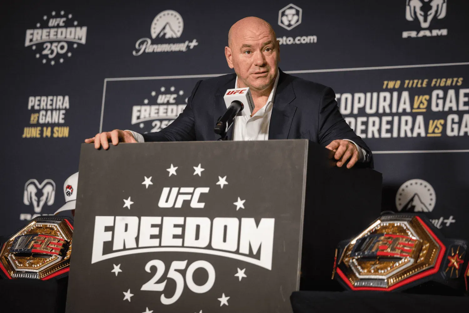 Dana White speaks during a press conference with fight winners following UFC Freedom 250