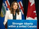 Alberta Premier Danielle Smith speaks to media at McDougall Centre in Calgary on Wednesday, Oct. 21, 2026.  
