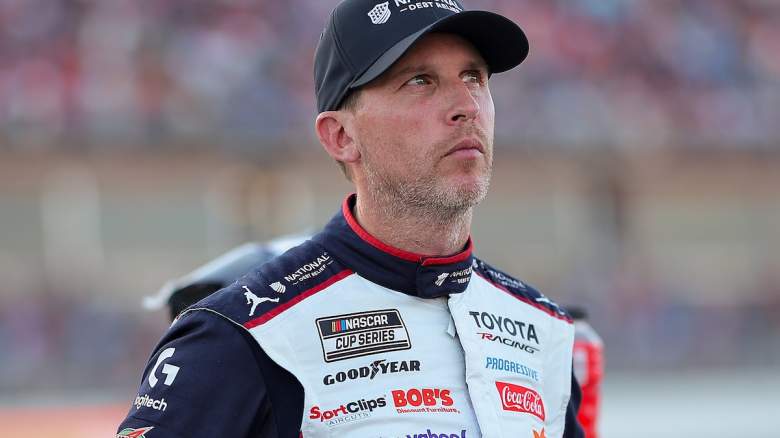 Denny Hamlin, driver of the #11 National Debt Relief Toyota, looks on after the NASCAR Cup Series YellaWood 500 at Talladega Superspeedway