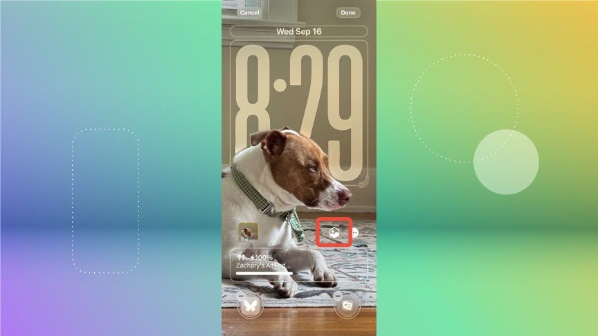 The spatial effect button outlined on an iOS lock screen with a background image of a dog sitting on the floor.