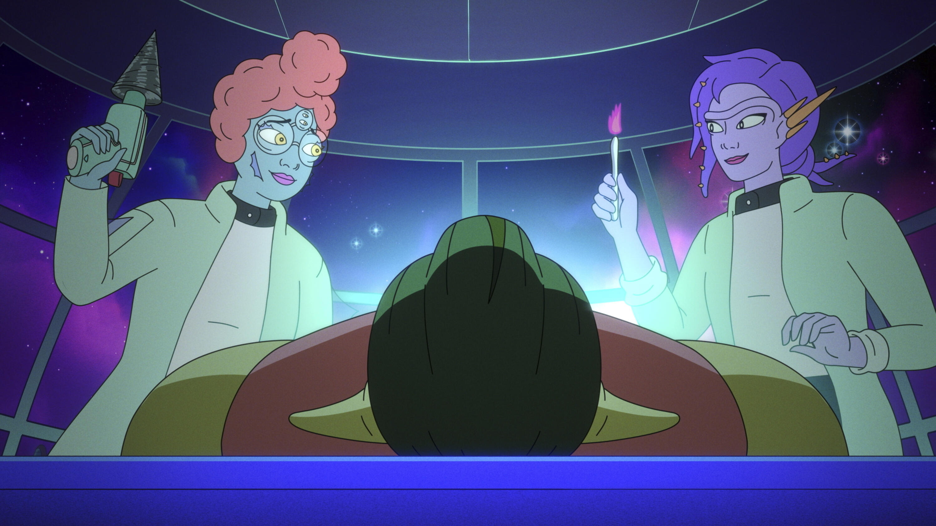 Two animated alien doctors prepare for surgery.
