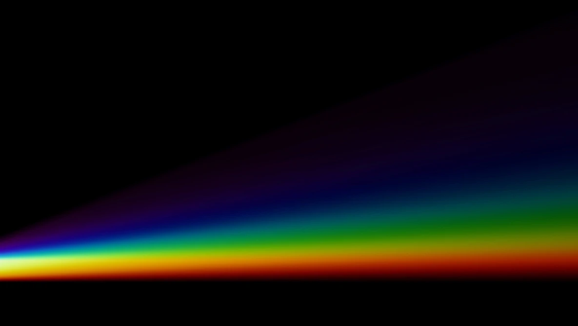 White triangular prism dispersing white light into a spectrum rainbow