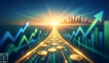 A vibrant digital illustration shows a luminous golden path paved with glowing Bitcoin coins, extending towards a bright, golden sunrise and a distant city skyline. On either side of the path, dynamic blue and green upward-trending arrows and bar graphs signify market growth, with streams of binary code flowing underneath the golden path.