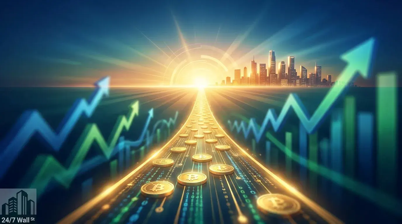A vibrant digital illustration shows a luminous golden path paved with glowing Bitcoin coins, extending towards a bright, golden sunrise and a distant city skyline. On either side of the path, dynamic blue and green upward-trending arrows and bar graphs signify market growth, with streams of binary code flowing underneath the golden path.