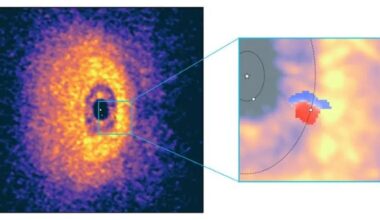 Image of WISPIT 2b (inset outer white dot with red and blue) and WISPIT 2c, (inset inner white dot) taken by ALMA in Chile. WISPIT 2b is the first directly imaged protoplanet (young planet) with gas moving towards us being blue and gas moving away from us being red. (Credit: M. Benisty, MPIA / ALMA)